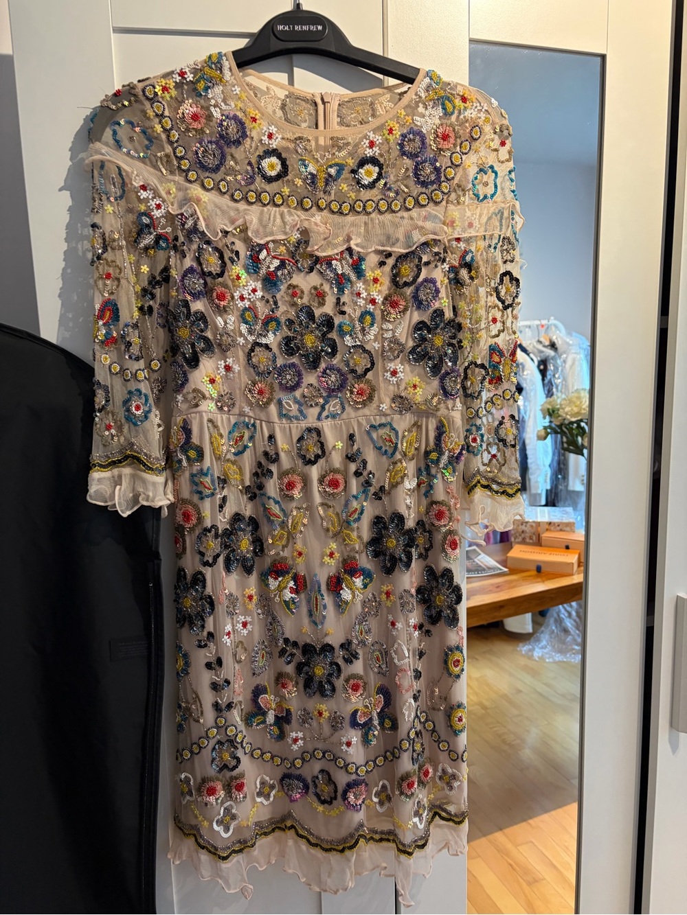Needle & Thread Beige Embroidered Floral Mini Dress